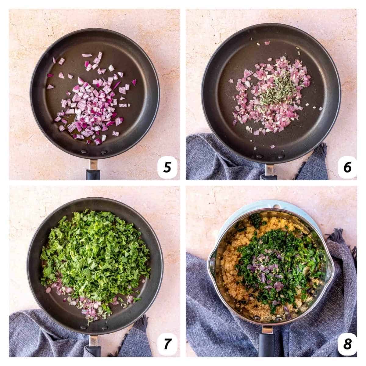Four panel grid of process shots 5-8 - gradually adding ingredients into a saucepan to create the quinoa filling.