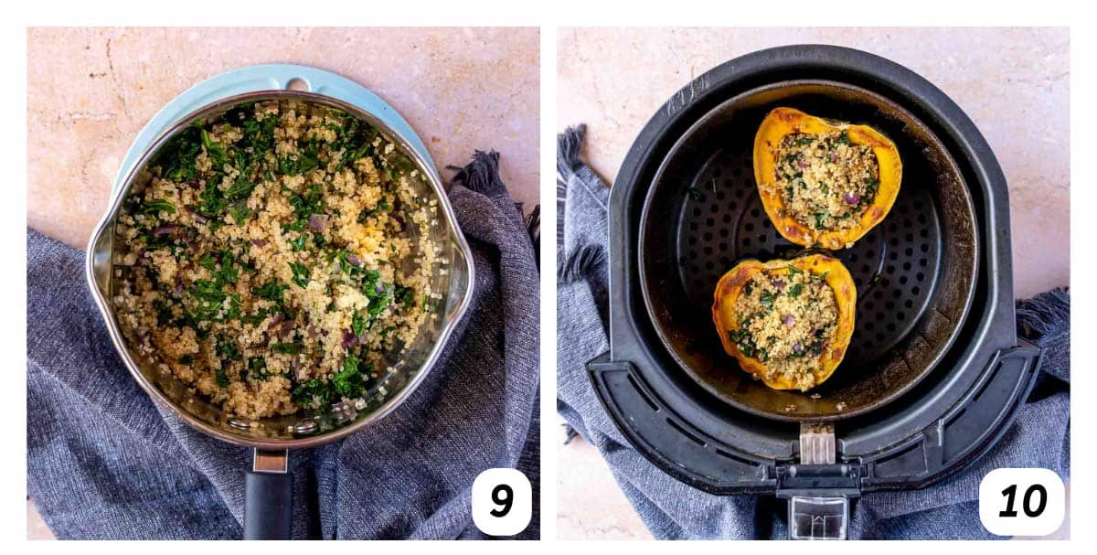 Two panel grid of process shots 9-10 - stuffing acorn squash with quinoa filling.