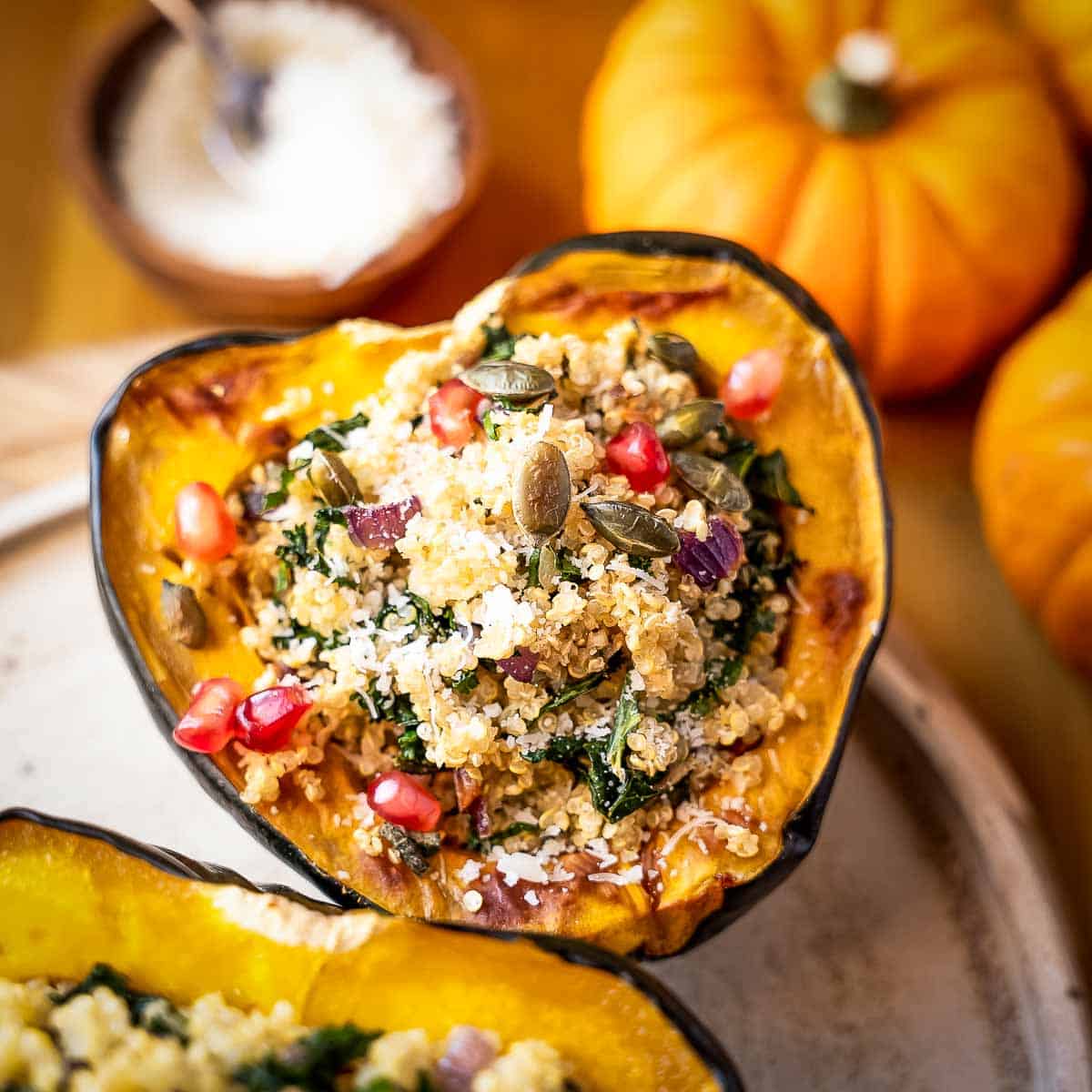 Close up shot of one half of an acorn squash filled with quinoa filling garnished with pomegranate seeds and squash seeds with small pumpkins in the background.