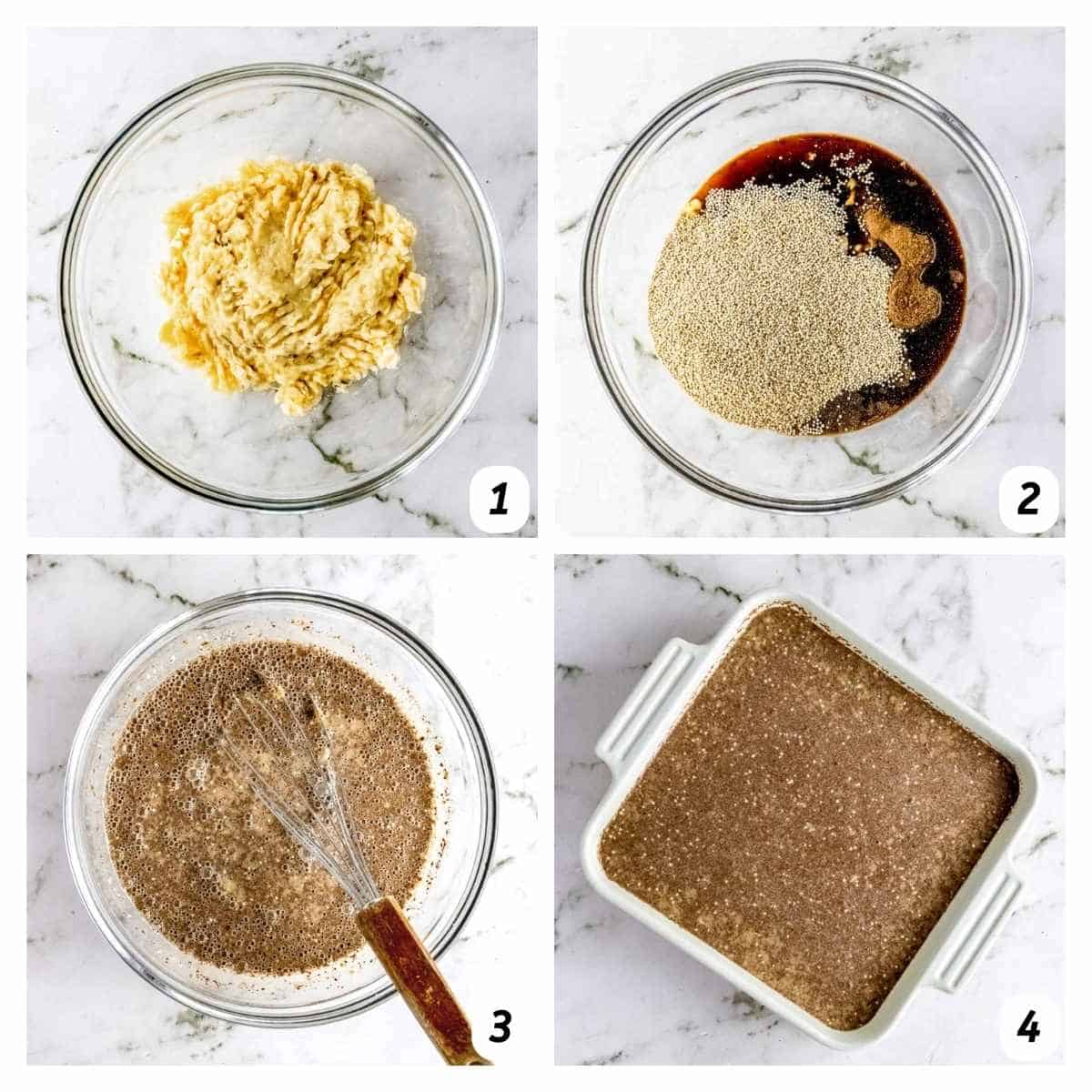 Four panel grid of process shots - mashing up bananas, adding the remaining ingredients, whisking, and baking in a pan.