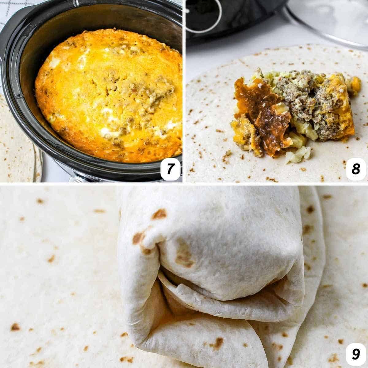 Three panel grid of process shots 7-9 - cook ingredients in crock pot, portion out onto tortillas, and wrap burritos.