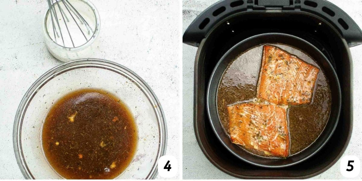 Two panel grid of process shots 4-5 - whisking ingredients to make the glaze and combine with sauce from air fryer.