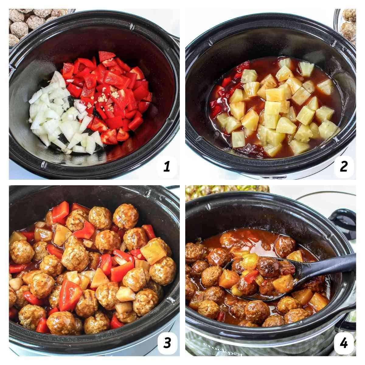 Four panel grid of process shots - gradually placing ingredients in the slow cooker and cooking 5-6 hours.