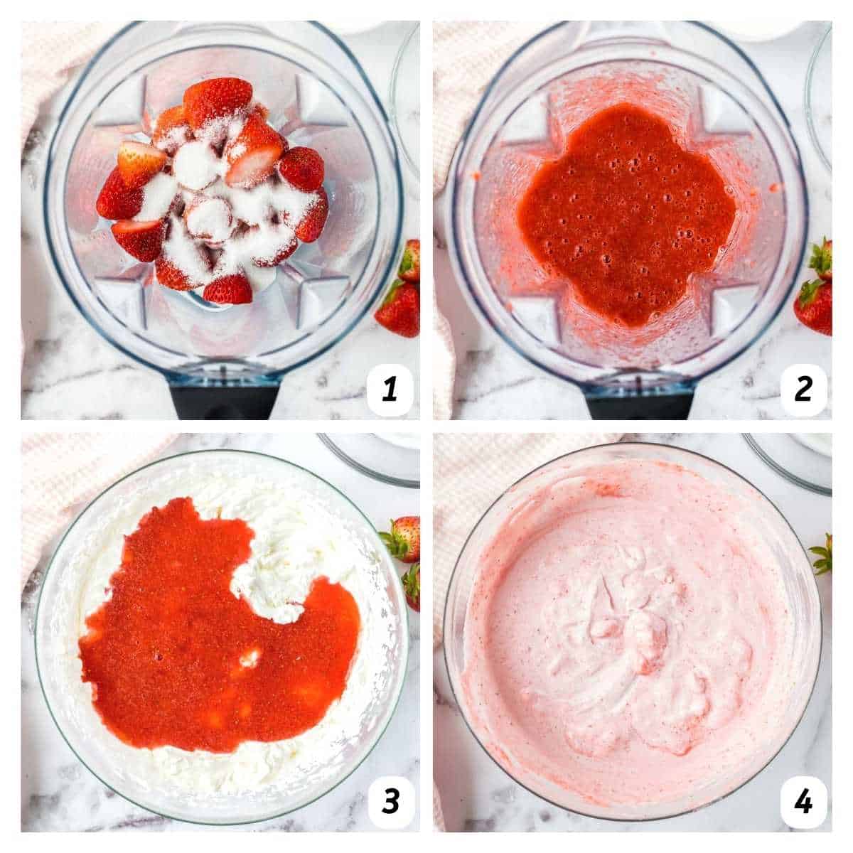Overhead shot of process shots - blending together sugar and strawberries and mixing into heavy whipping cream that has been beat.
