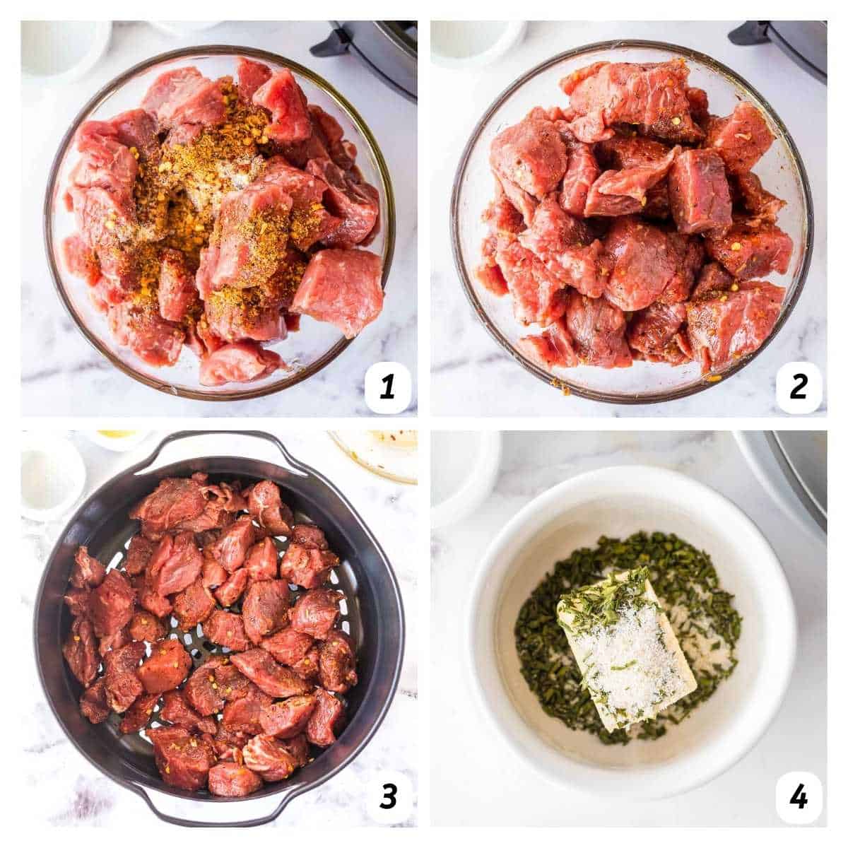 Four panel grid of of process shots - seasoning steak, cooking in air fryer, and making sauce.
