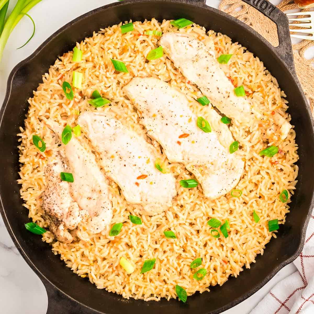 Overhead shot of chicken and rice garnished with green onions in a skillet.