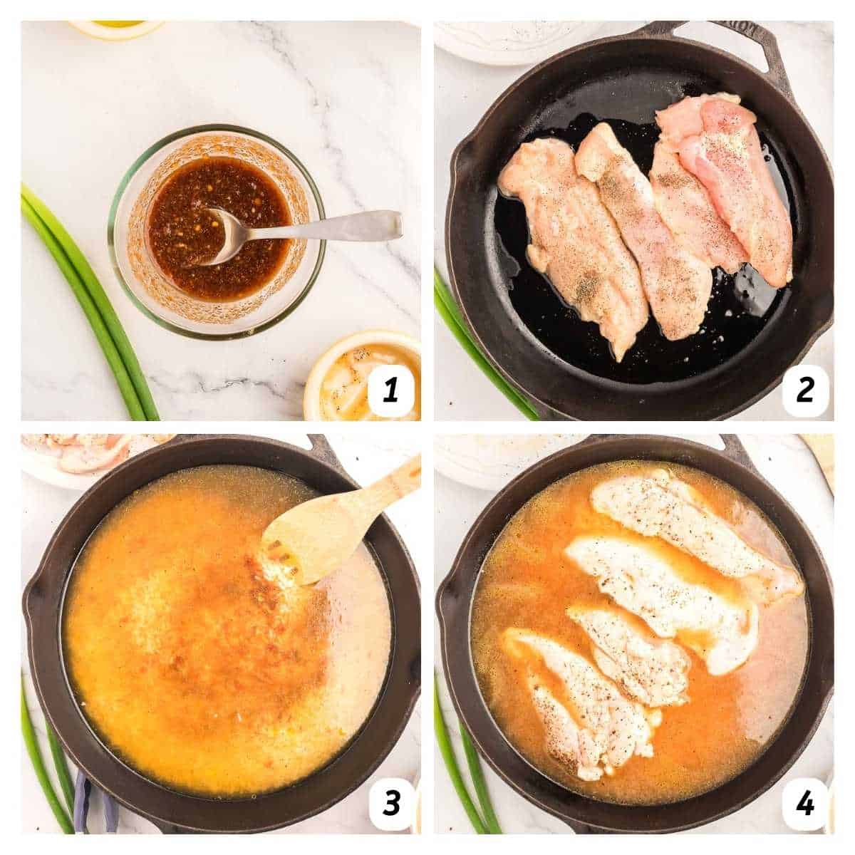 Four panel grid of process shots 1-4 - mixing marinade together, frying chicken, and gradually adding ingredients to the chicken.
