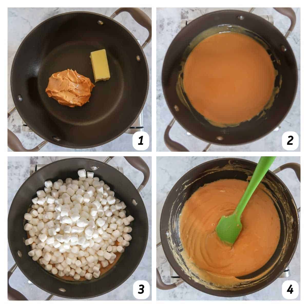 Four panel grid of process shots 1-4 - melting butter, peanut butter, and marshmallows in a pan.