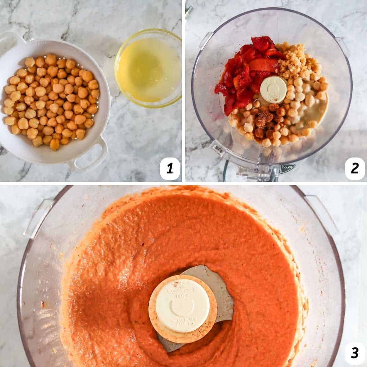 Three panel grid of process shots - straining chickpeas, squeezing lemon juice, and blending all ingredients in the food processor until smooth.