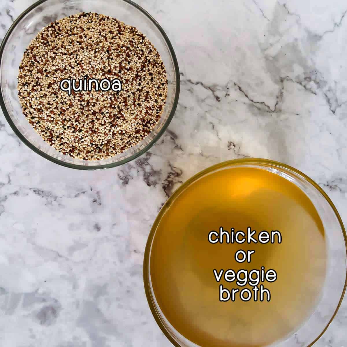 Overhead shot of ingredients - quinoa and chicken/veggie broth.