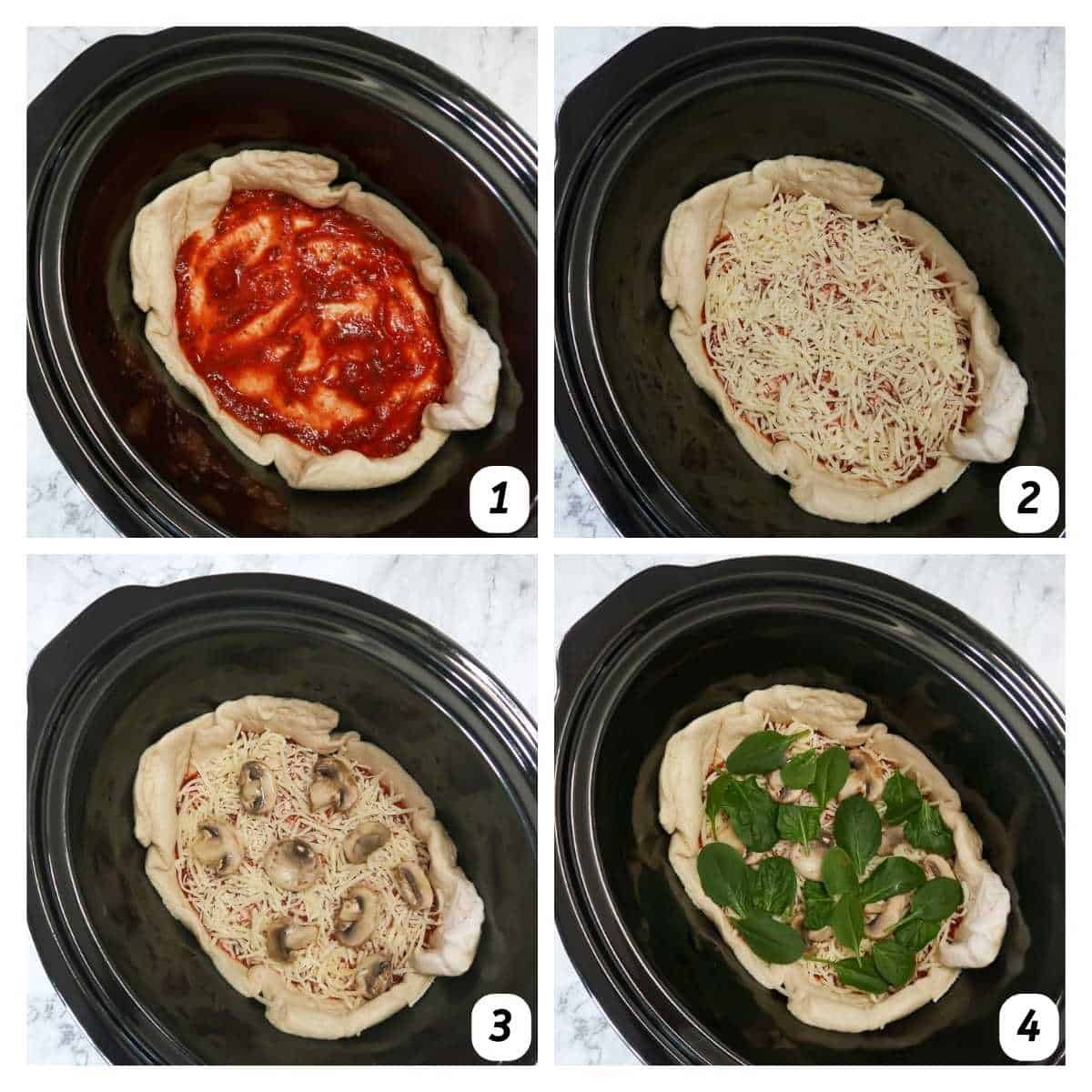 Four panel grid of process shots 1-4 - assembling pizza in crock pot.