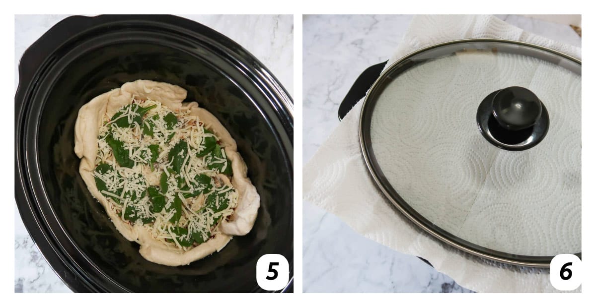 Two panel grid of process shots 5-6 - covering crock pot with a paper towel and cooking.