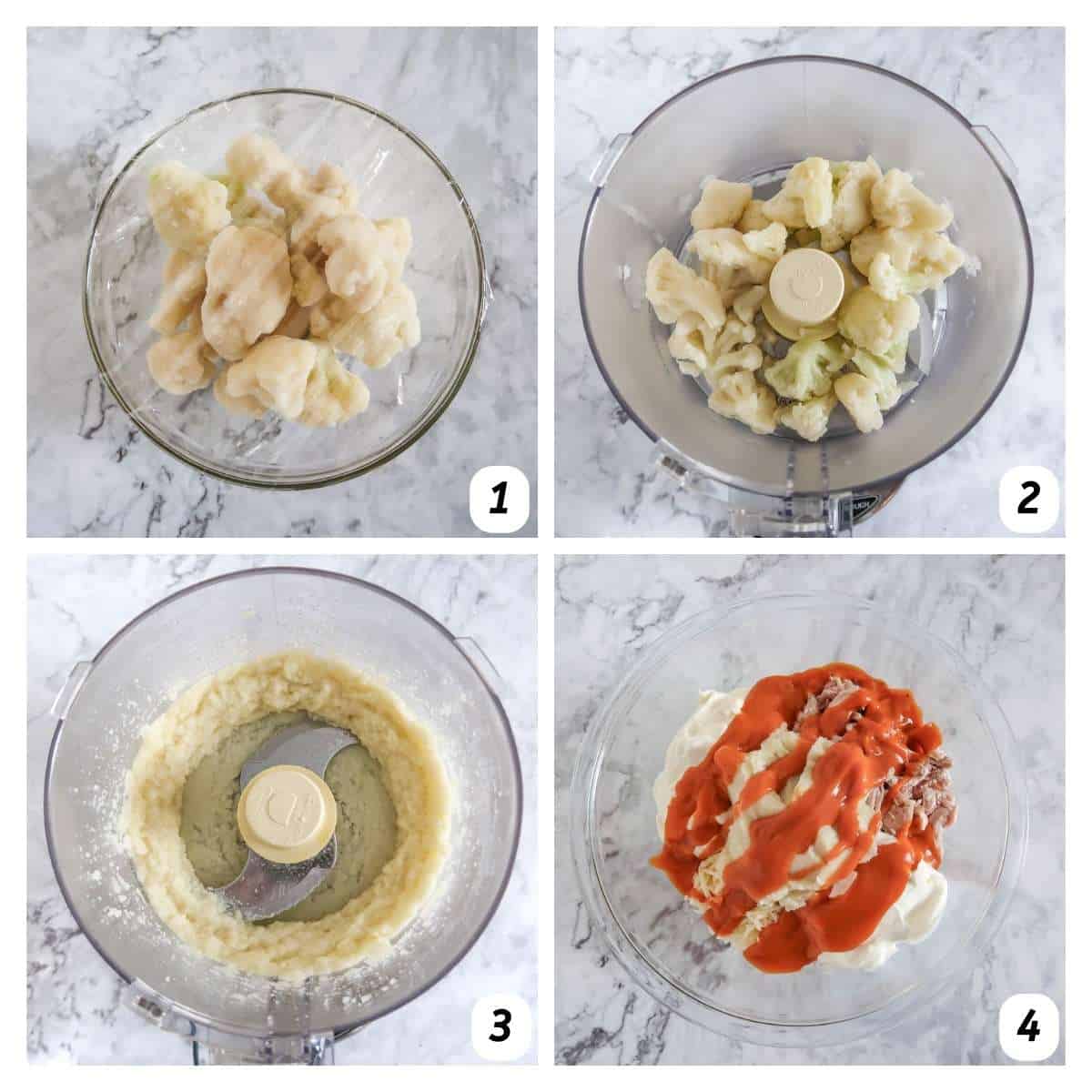 Four panel grid of process shots 1-4 - cooking and blending cauliflower, and combining with the rest of the ingredients.