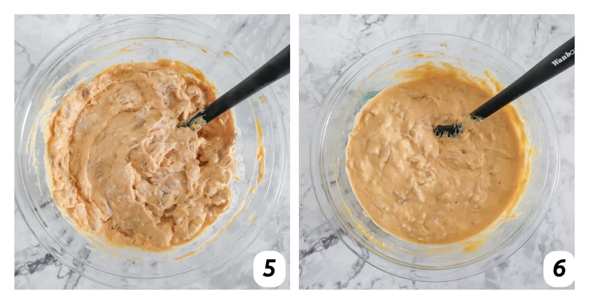 Two panel grid of process shots 5-6 - microwaving and stirring mixture.