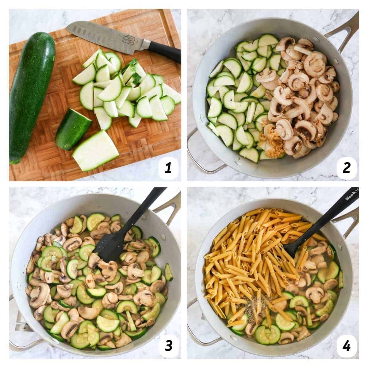 Four panel grid of process shots 1-4 - preparing and sautéing vegetables, adding the rest of ingredients, and boiling in a large pot.