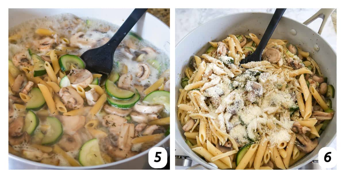 Two panel grid of process shots 5-6 - letting pasta and veggies simmer over heat and adding parmesan cheese.