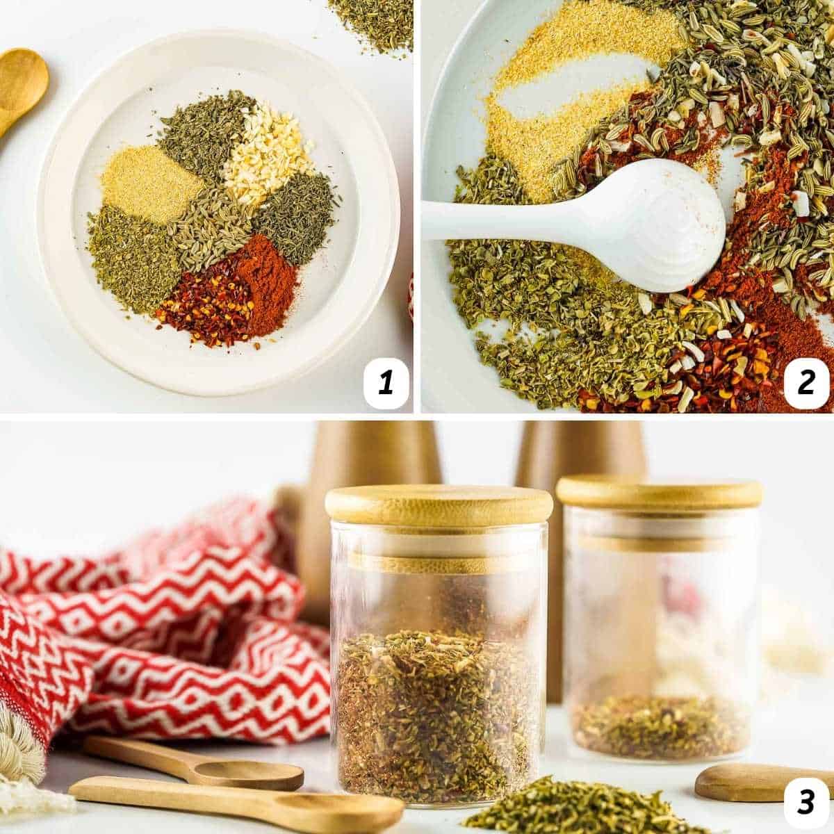 Three panel grid of process shots - combining all spices and storing in an airtight container.