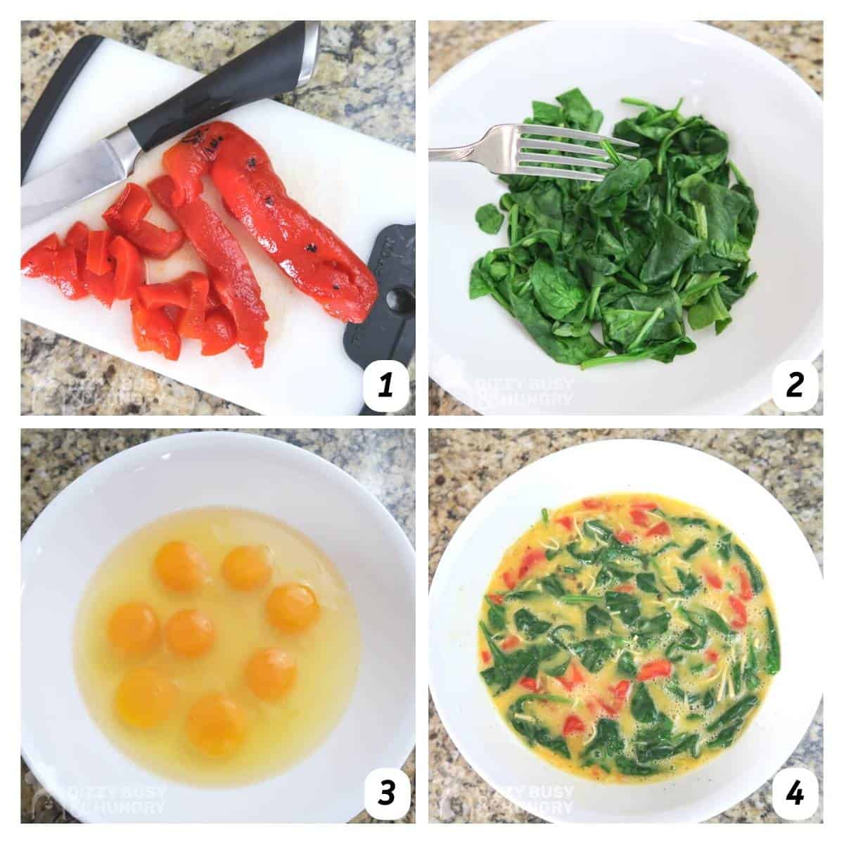Four panel grid of process shots 1-4 - prepping vegetables and combining with eggs.