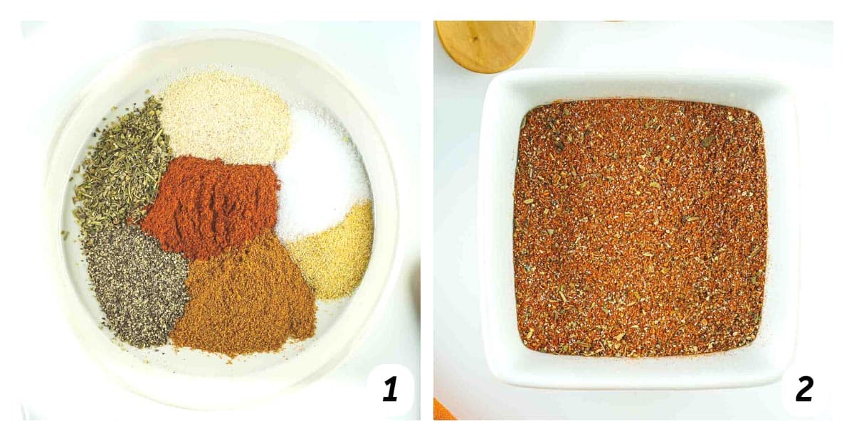 Two panel grid of process shots - combining spices together and storing in an air tight container.