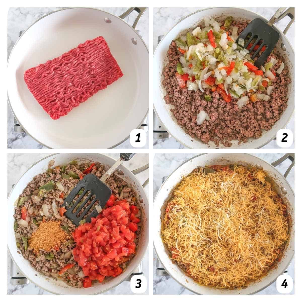 Four panel grid of process shots - browning ground beef in skillet, adding frozen veggies, adding seasoning and tomatoes, and adding cheese.