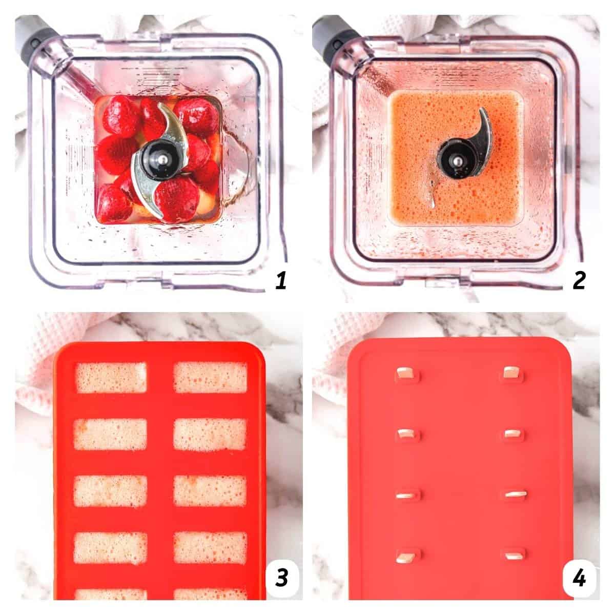 Four panel grid of process shots - blending together ingredients, filling popsicle molds, and freezing.