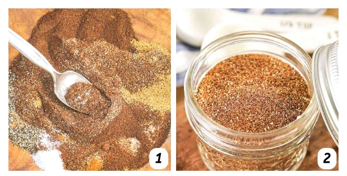 Two panel grid of process shots - combining spices and storing in an airtight container.