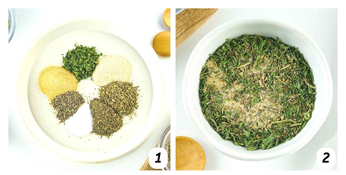 Two panel grid of process shots - combining spices together and storing in an airtight container.