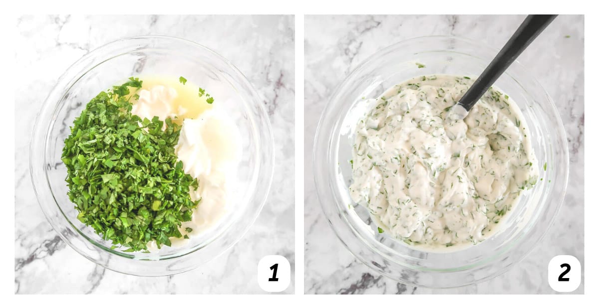 Two panel grid of process shots - adding ingredients together and stirring.