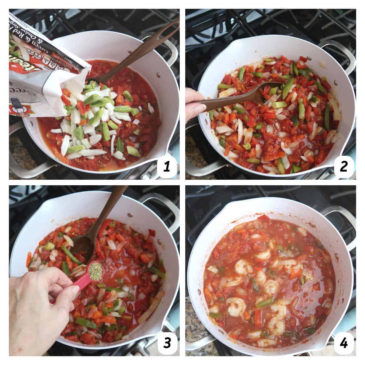 Four panel grid of process shots - gradually combining ingredients in a large pot over heat.