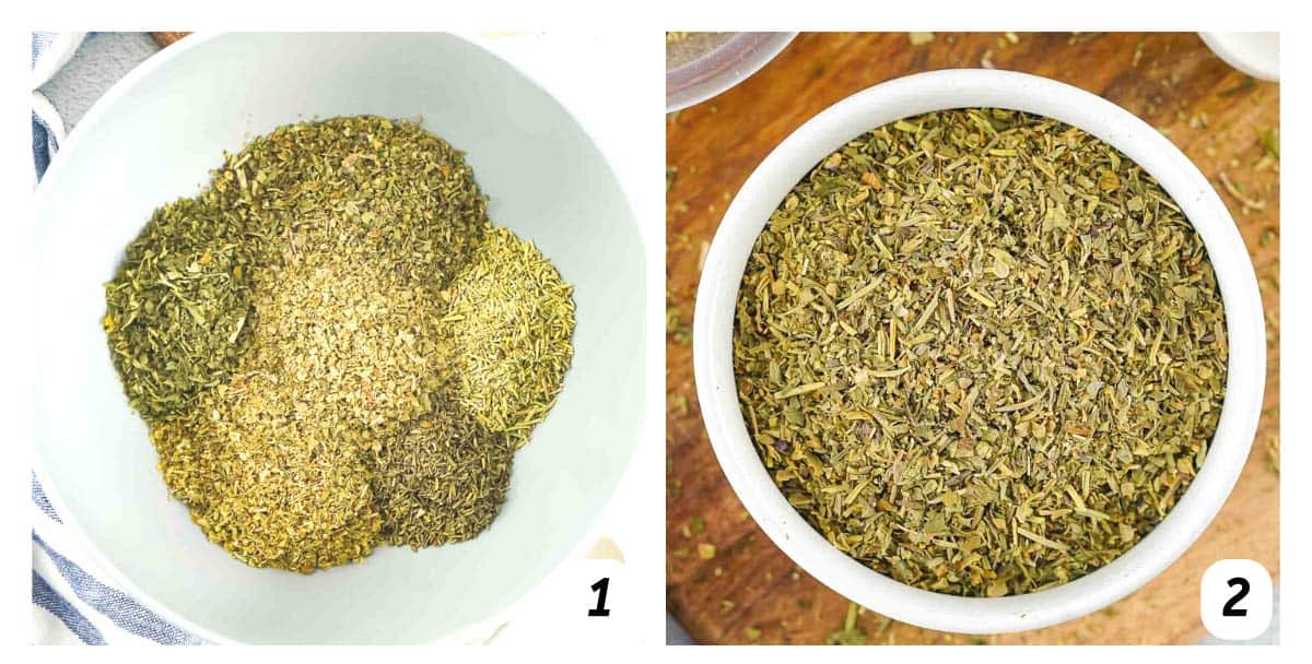 Two panel grid of process shots - combining spices and storing in an airtight container.