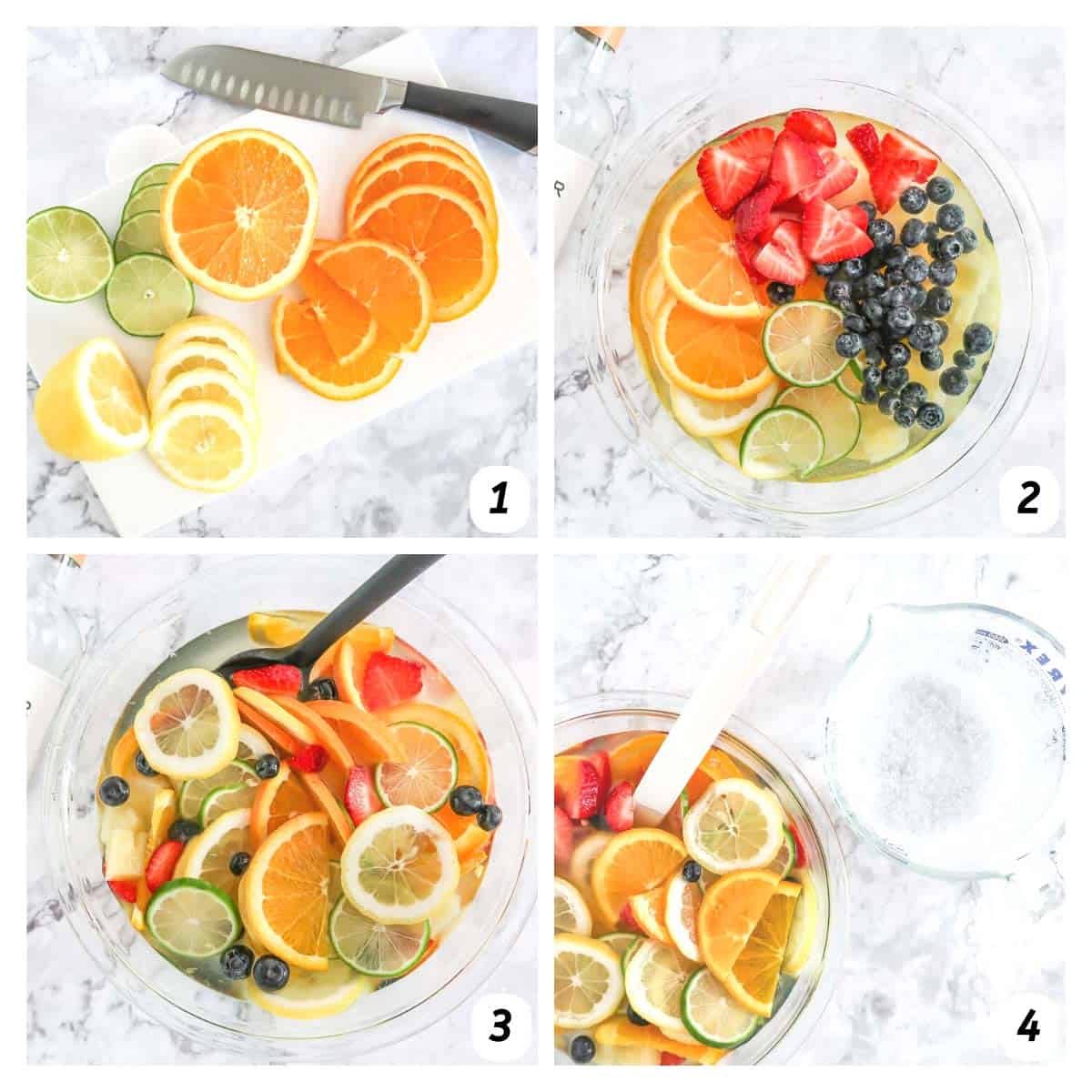 Four panel grid of process shots - slicing fruits, combining ingredients, and stirring.