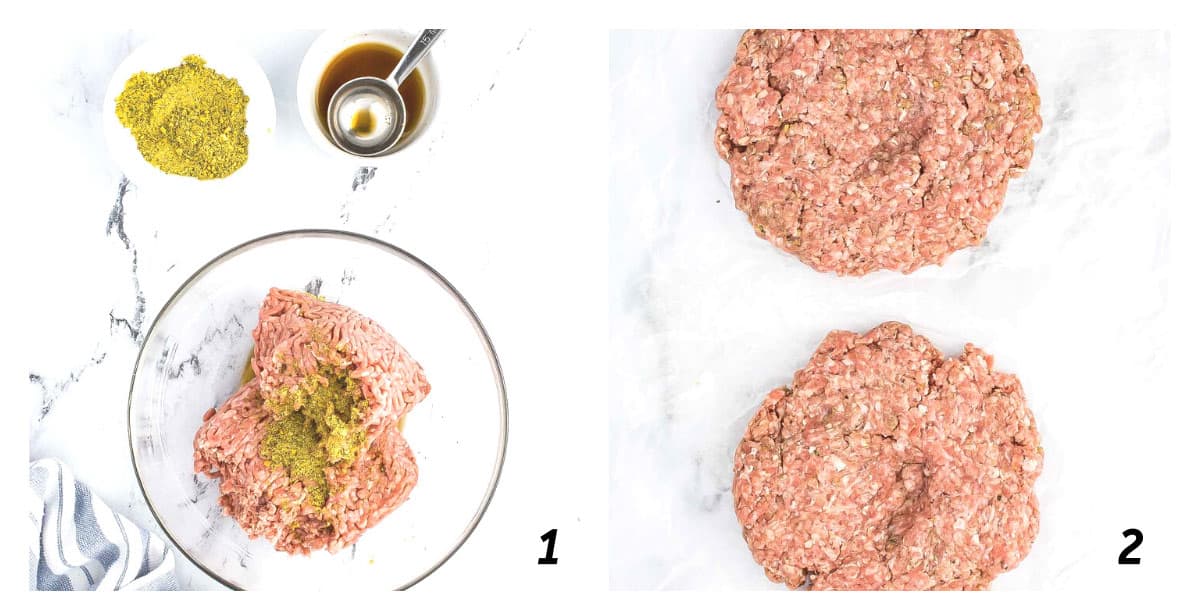 Two panel grid of process shots 1-2 - seasoning hamburger meat and forming patties.