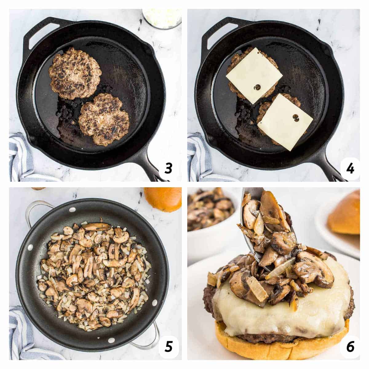 Four panel grid of process shots 3-6 - cooking patties in a cast iron skillet, adding cheese, sautéing mushrooms and onions, and assembling burgers.