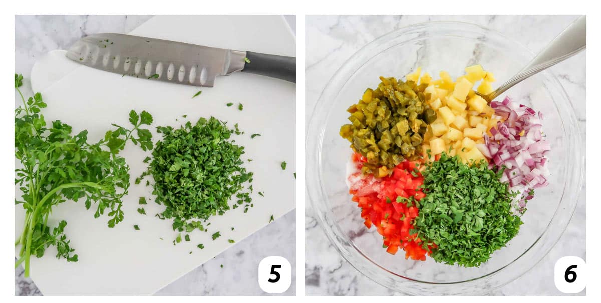 Two panel grid of process shots 5-6 - chopping cilantro and combining all ingredients.