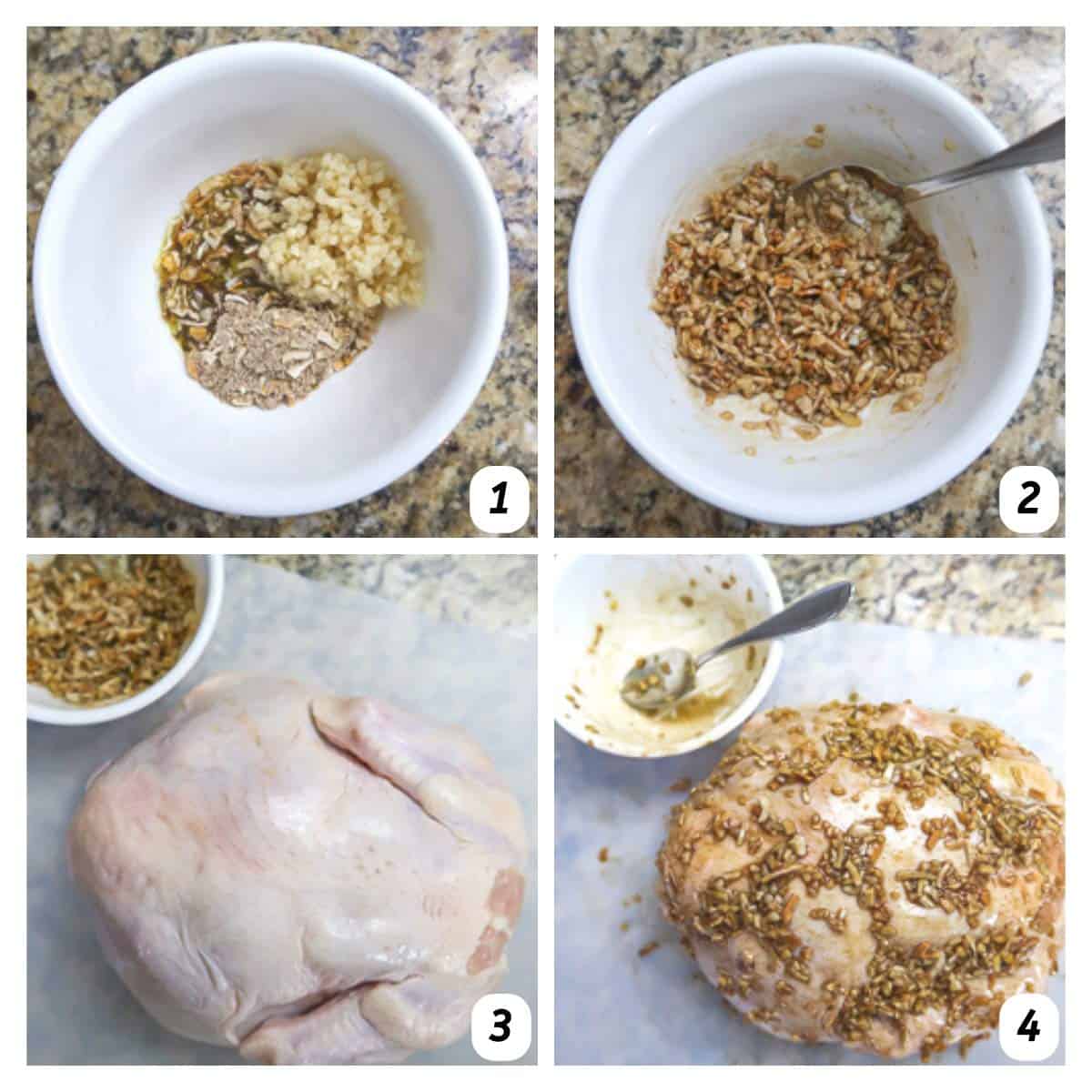 Four panel grid of process shots 1-4 - combining spices and oil in a bowl and coating chicken with the mixture.
