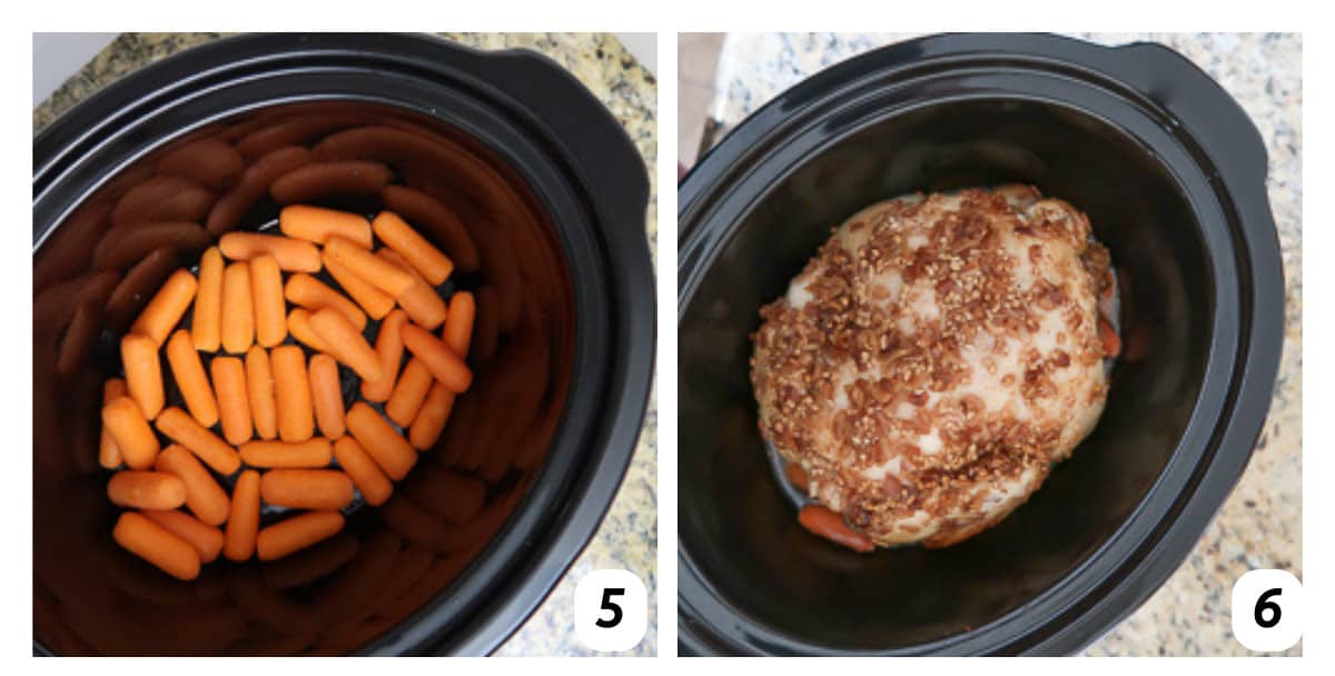 Two panel grid of process shots 5-6 - layer baby carrots and whole chicken coated with spices in the crockpot.