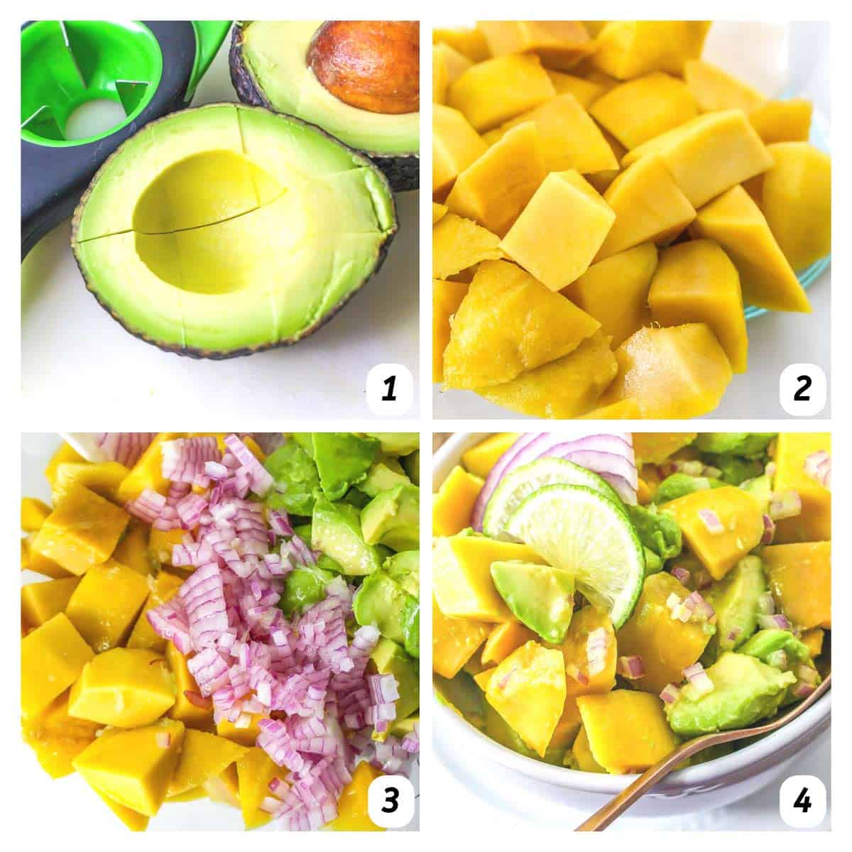 Four panel grid of process shots - slicing mango, avocado, and onion, combining and adding dressing.