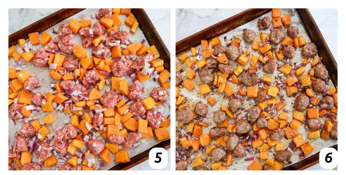 Two panel grid of process shots 5-6 - placing vegetables and sausage on a baking sheet with parchment paper and baking.