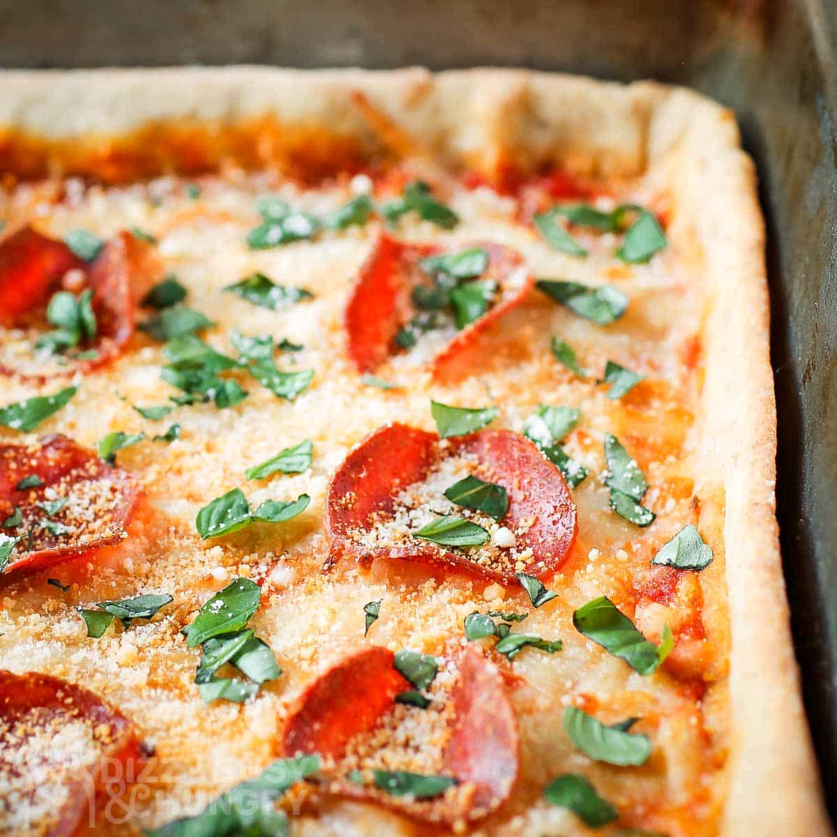 Close up shot of full pan pizza garnished with parmesan cheese and basil.