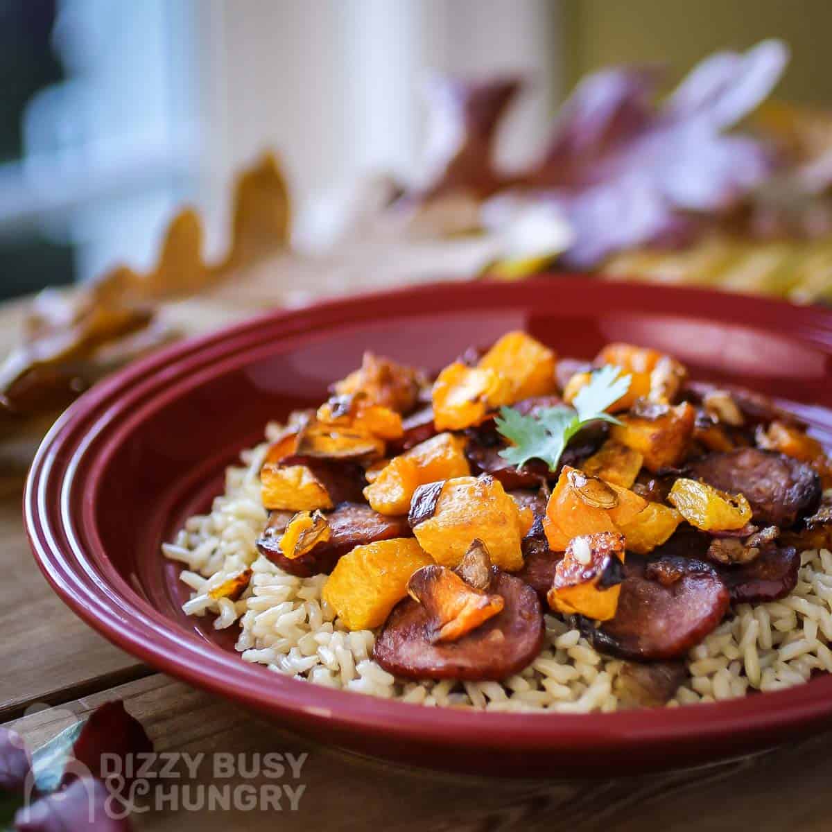 Side shot of sausage and butternut squash on a bed of rice on a red plate with fake leaves in the background.