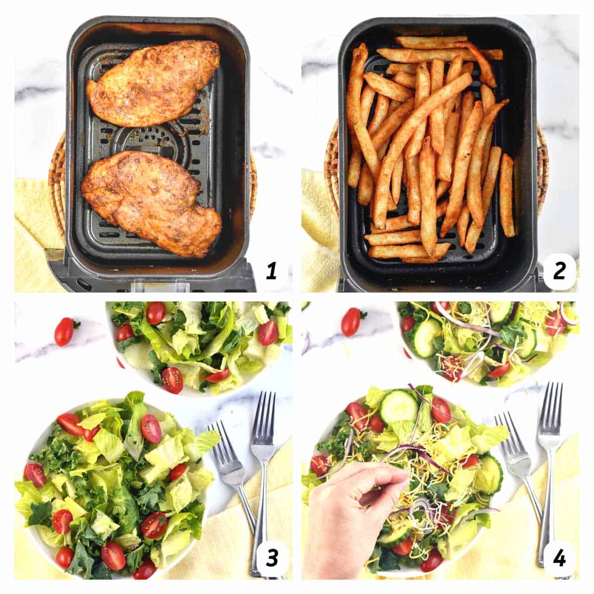 Four panel grid of process shots 1-4 - air frying chicken cutlets and French fries, and beginning to assemble salad.