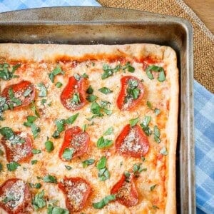 Overhead close up of full pan pizza garnished with parmesan cheese and basil on a blue plaid cloth.