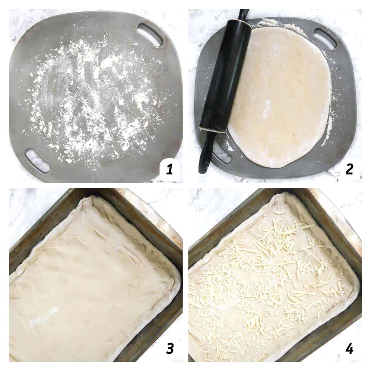 Four panel grid of process shots 1-4 - flouring surface, rolling dough, placing in pan, and layering cheese.