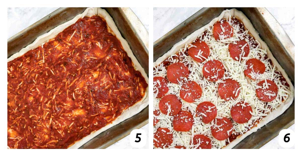 Two panel grid of process shots 5-6 - layering sauce, cheese, and pepperoni on top of dough in pan and baking.