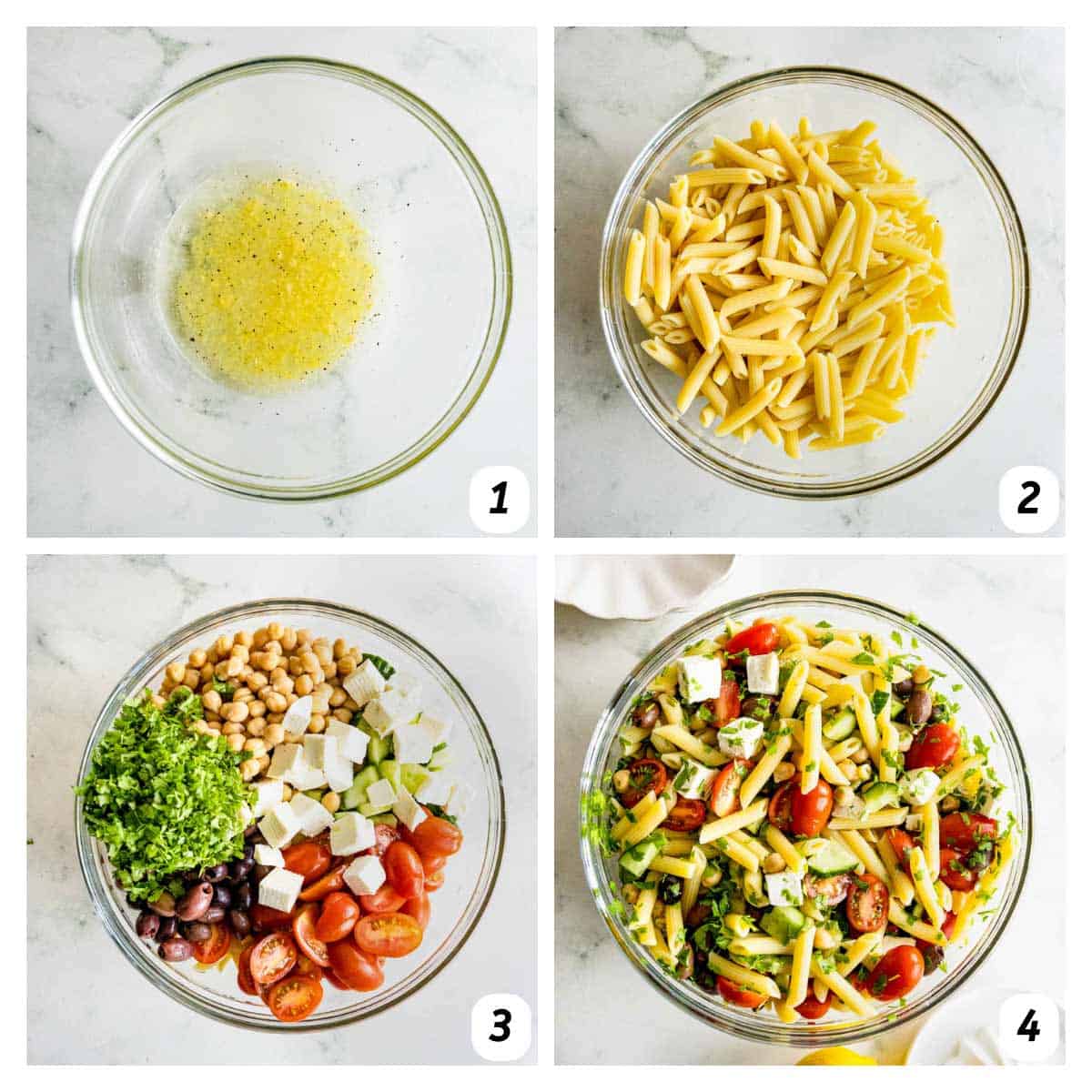 Four panel grid of process shots - combining ingredients gradually to make pasta salad.