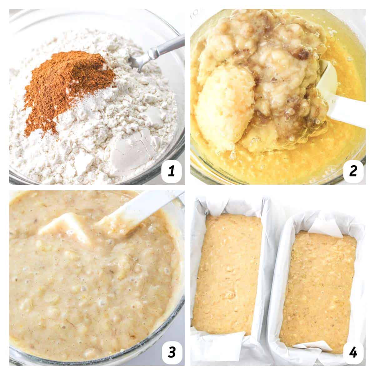 Four panel grid of process shots - combining dry and wet ingredients separately, combining the two mixtures, placing in loaf pans, and baking.