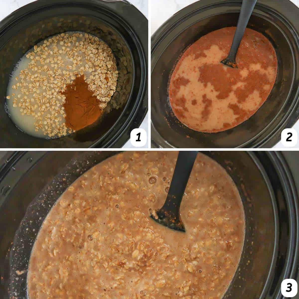 Three panel grid of process shots - gradually combining ingredients in the slow cooker and cooking.