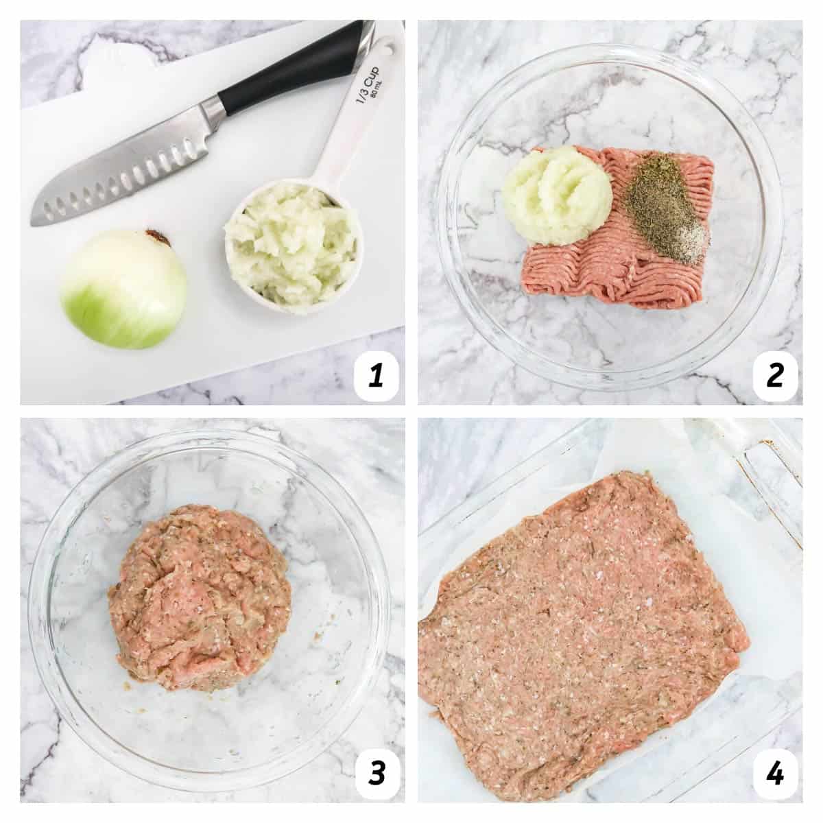 Four panel grid of process shots 1-4 - chopping onion and combining with ground turkey and spices.