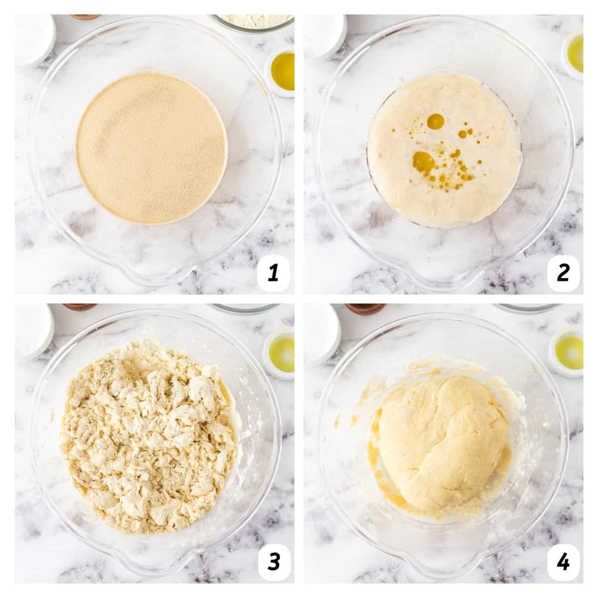 Four panel grid of process shots 1-4 - combining yeast, water, sugar, olive oil, and honey to form dough.