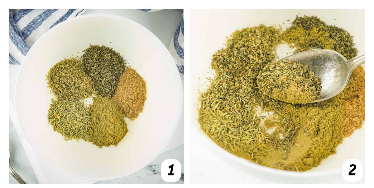 Two panel grid of process shots - combining spices and storing in an airtight container.